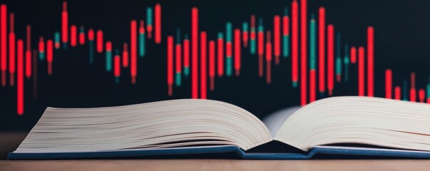 Poster - Open book showing historical and contemporary stock market concept. Book with stock market data visualization in the background.