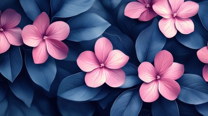 Poster - Elegant floral pattern of pink blossoms and dark blue leaves a serene botanical composition for backgrounds and designs