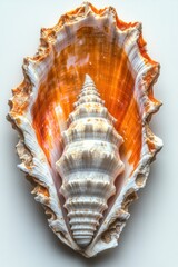 Poster - Captivating close up of a vibrant orange and white sea shell showcasing intricate details and natural beauty on a light background