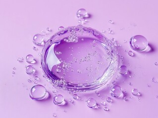 Poster - Captivating Close Up of Water Droplets on a Soft Purple Surface Evoking Freshness Purity and Serenity in a Modern Aesthetic