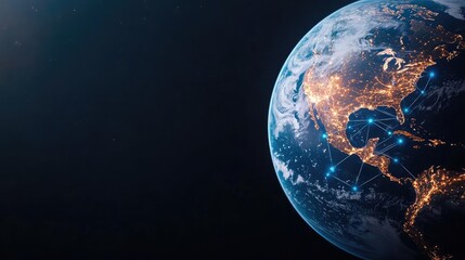 Poster - Earth with glowing network highlighting global cloud data concept. A stunning view of Earth highlighting city lights at night.