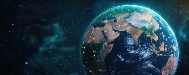 Poster - Earth with glowing network highlighting global cloud data concept. A digital representation of Earth with connected networks.