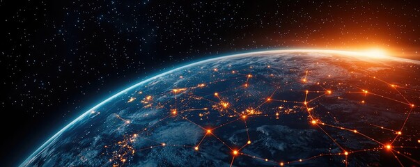 Poster - Earth with glowing network highlighting global cloud data concept. Stunning view of Earth from space with glowing network connections.