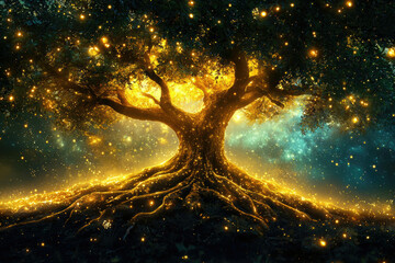 Poster - A majestic, glowing tree illuminates a mystical night sky with fireflies, creating a magical, enchanting scene.