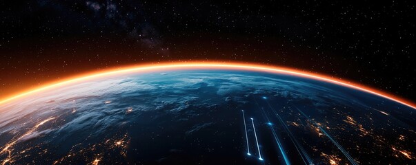 Poster - Earth with glowing network highlighting global cloud data concept. A stunning view of Earth from space showcasing atmospheric glow.