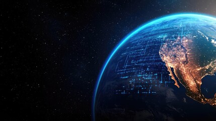 Poster - Earth with glowing network powered by cloud technology concept. A stunning view of Earth illuminated by city lights at night.