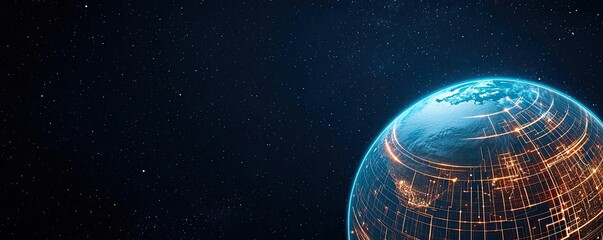 Poster - Earth with glowing network highlighting global cloud data concept. Futuristic depiction of Earth with glowing outlines against stars.