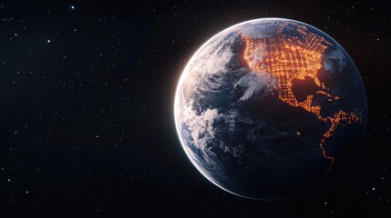 Poster - Earth with glowing network highlighting global cloud data concept. A stunning view of Earth from space with glowing continents.