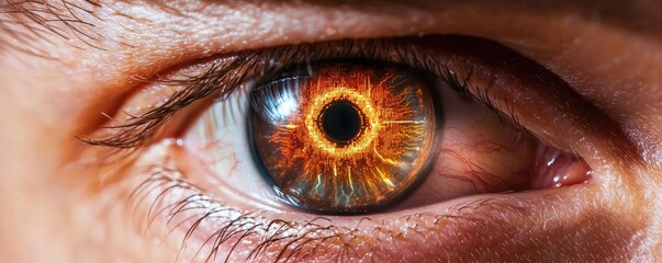 Poster - Close-up human eye connected to digital intelligence concept. Close-up of a human eye with vibrant, glowing iris patterns.
