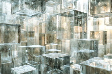 Poster - Numerous translucent cubes, seemingly made of glass or ice, create a mesmerizing 3D structure.