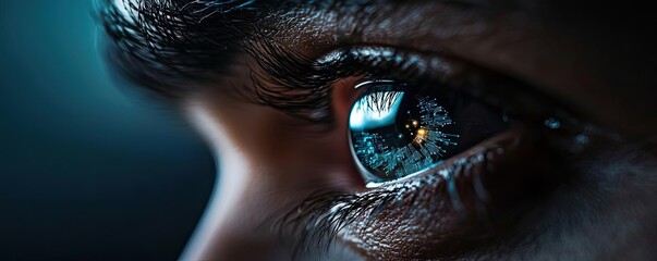 Poster - Close-up human eye connected to digital intelligence concept. Close-up of a captivating human eye displaying intricate details.