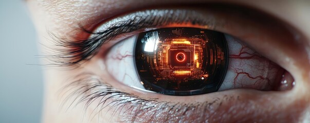 Poster - Close-up human eye powered by futuristic machine technology concept. Futuristic close-up of a human eye with embedded technology.