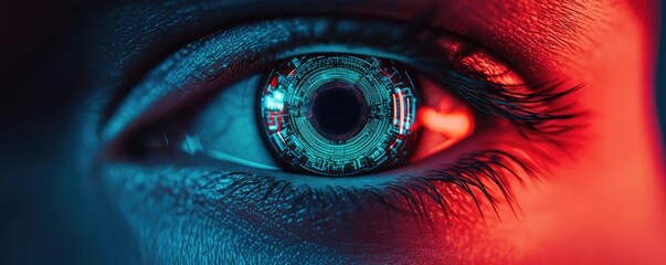 Poster - Close-up human eye connected to digital intelligence concept. A close-up view of a human eye with captivating colors and detail.