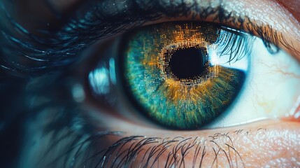 Poster - Close-up human eye with artificial technology interface concept. Close-up of a vibrant human eye with detailed iris patterns.