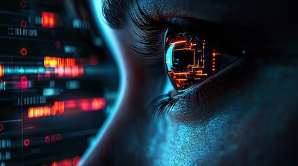 Poster - Close-up human eye with artificial technology interface concept. A close-up of an eye with digital patterns reflecting technology.