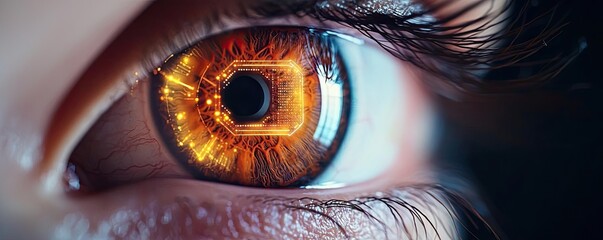Poster - Close-up human eye with artificial technology interface concept. A close-up of a futuristic eye with a glowing interface.