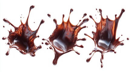 Poster - Three chocolate splashes with dynamic motion against a clean white background creating a delicious and tempting visual perfect for culinary design