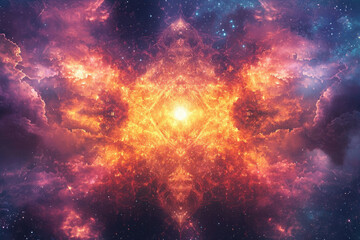 Poster - Fiery cosmic nebula with vibrant colors and symmetrical patterns, resembling a celestial explosion or birth of a star.