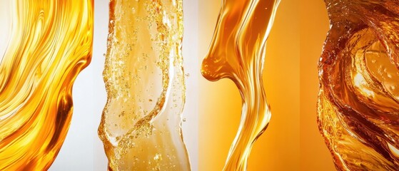 Poster - Golden Liquid Cascade in Abstract Composition Capturing Fluid Dynamics and Amber Tones for Beverage or Cosmetic Applications