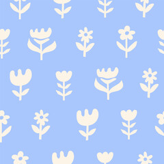 Poster - Seamless pattern with white hand drawn flowers on a blue background. Cute floral minimal print. Childish design. Vector illustration