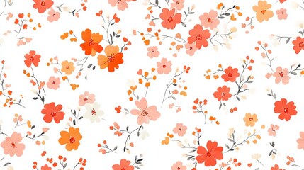 Wall Mural - Floral ditsy print with vibrant orange, red, and pink blooms on white background, perfect for spring bouquet themes and seamless fabric or wallpaper designs