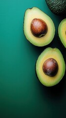 Poster - Sliced Avocado Halves on Dark Green Backdrop Displaying Freshness and Natural Beauty in a Minimalist Style