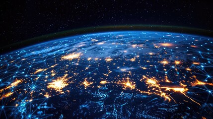 Poster - Earth with glowing network highlighting global cloud data concept. Stunning view of Earth from space with glowing cities at night.
