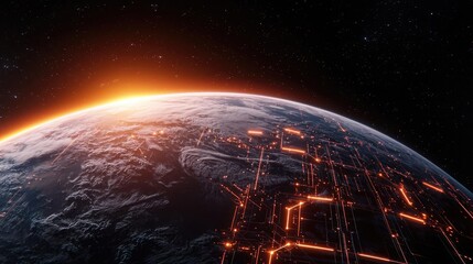 Poster - Earth with glowing network and wireless internet grid concept. A breathtaking view of Earth from space at sunrise.