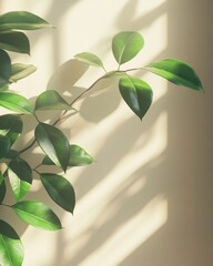 Poster - Serene indoor scene of vibrant green leaves casting soft shadows on a textured beige wall creating a peaceful botanical ambiance