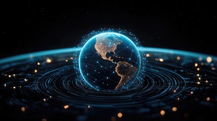 Poster - Earth with glowing network highlighting global cloud data concept. A digital representation of the Earth surrounded by glowing particles.