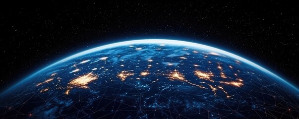 Poster - Earth with glowing network powered by cloud technology concept. A stunning view of Earth from space, showcasing city lights.