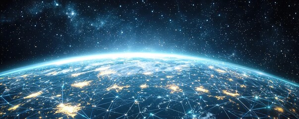 Poster - Earth with glowing network and wireless internet grid concept. A stunning view of Earth from space, showcasing global connections.