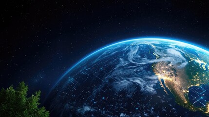 Poster - Earth with glowing network highlighting global cloud data concept. A stunning view of Earth from space showcasing its beauty.