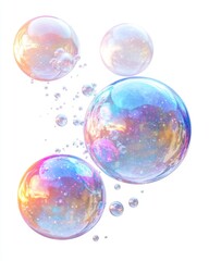 Poster - Iridescent Soap Bubbles Floating in a White Background with a Dreamy and Ethereal Visual Mood and a High Angle View