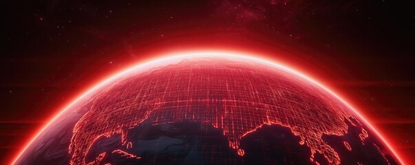 Poster - Earth with glowing network and wireless internet grid concept. Futuristic depiction of Earth with glowing red lines and ambiance.