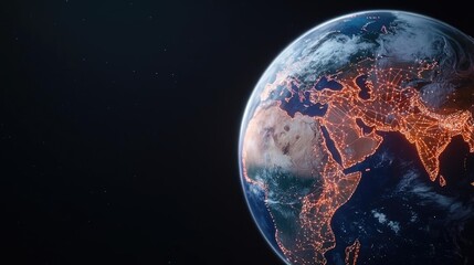 Poster - Earth with glowing network highlighting global cloud data concept. Stunning view of Earth showing continents in cosmic perspective.