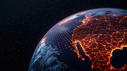 Fototapete - Earth with glowing network and wireless internet grid concept. Stunning view of Earth highlighting its intricate network.