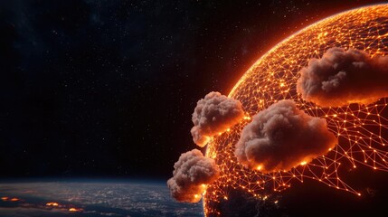 Poster - Earth with glowing network highlighting global cloud data concept. An artistic depiction of a glowing planet with interconnected clouds.