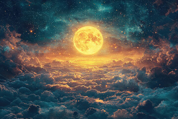 Aufkleber - A giant, luminous moon hangs above a sea of clouds, stars twinkling in a vast, dark sky.