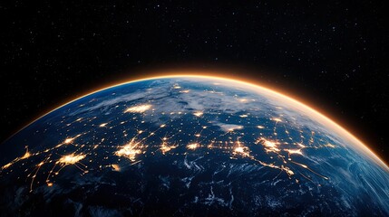 Poster - Earth with glowing network and wireless internet grid concept. A stunning view of Earth from space, showcasing city lights.