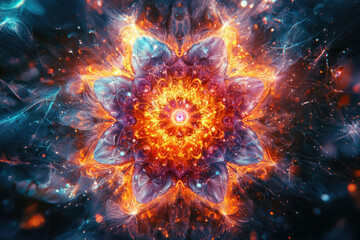 Poster - A vibrant fractal artwork depicting a fiery, star-like mandala with cosmic elements.