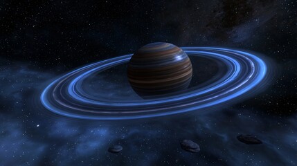 Wall Mural - Ringed planet with blue halo rings, set against a backdrop of stars and space dust