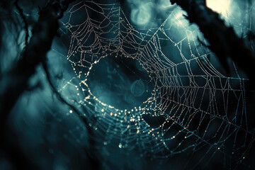 Aufkleber - Dew-kissed spiderweb glistening in the dark, a mystical, intricate design of nature's artistry.