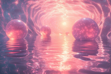Poster - Glowing orbs float on a tranquil pink water, nestled within a celestial cave, bathed in ethereal light.