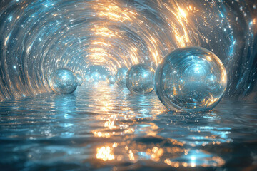 Aufkleber - Glowing orbs float in a swirling, celestial tunnel reflecting light and water, creating a surreal, dreamlike scene.