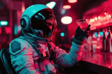 Wall Mural - close-up astronaut in white spacesuit and helmet siting at a bar counter and drinking tasty alcohol cocktail with bright lighting