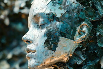 Poster - A metallic face, crafted from circuit boards, evokes themes of artificial intelligence and the fusion of technology with humanity.