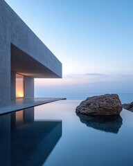 Poster - Serene Infinity Pool Reflecting a Minimalist Building and Ocean at Dusk Capturing Architectural Harmony and Tranquil Atmosphere