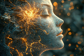 Poster - A digital art depicting a serene face, interwoven with glowing neural network-like structures, suggesting consciousness and interconnectedness.