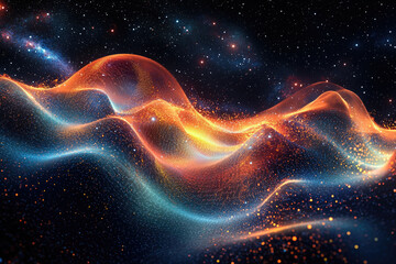 Poster - Abstract cosmic landscape with glowing, undulating particles and stars.